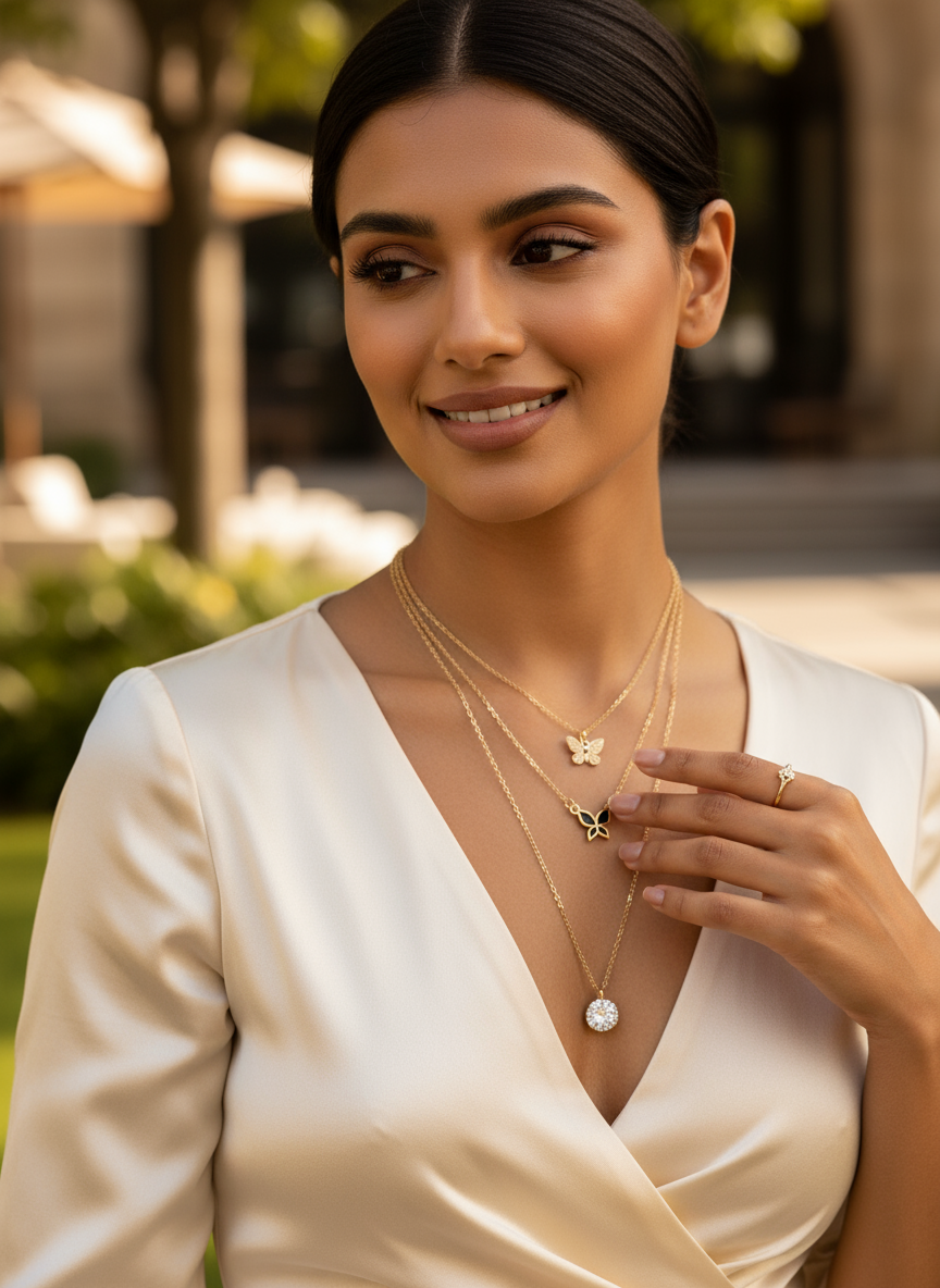 3 Layer Chain with Butterfly Pendants- Black & Gold