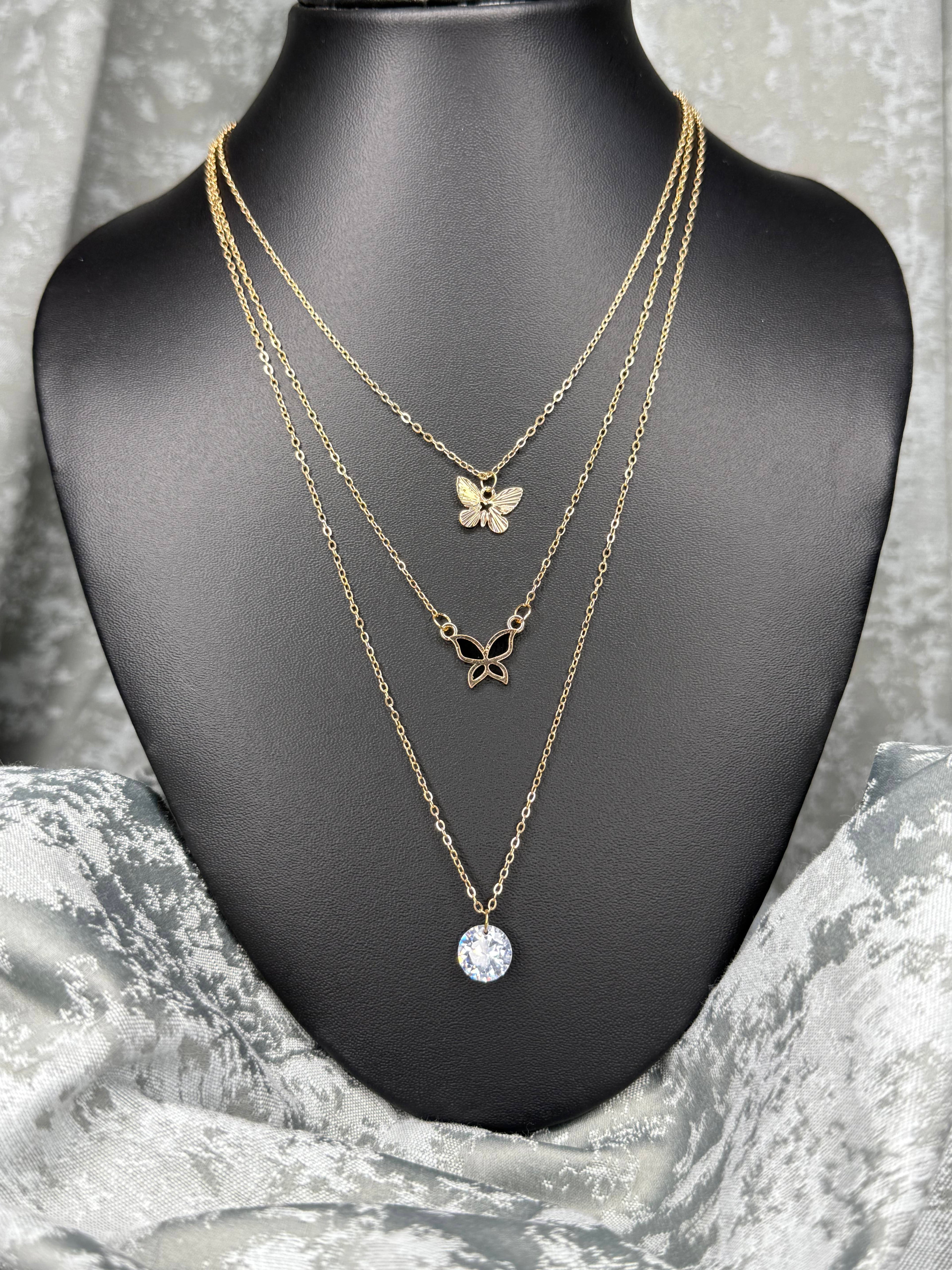 3 Layer Chain with Butterfly Pendants- Black & Gold