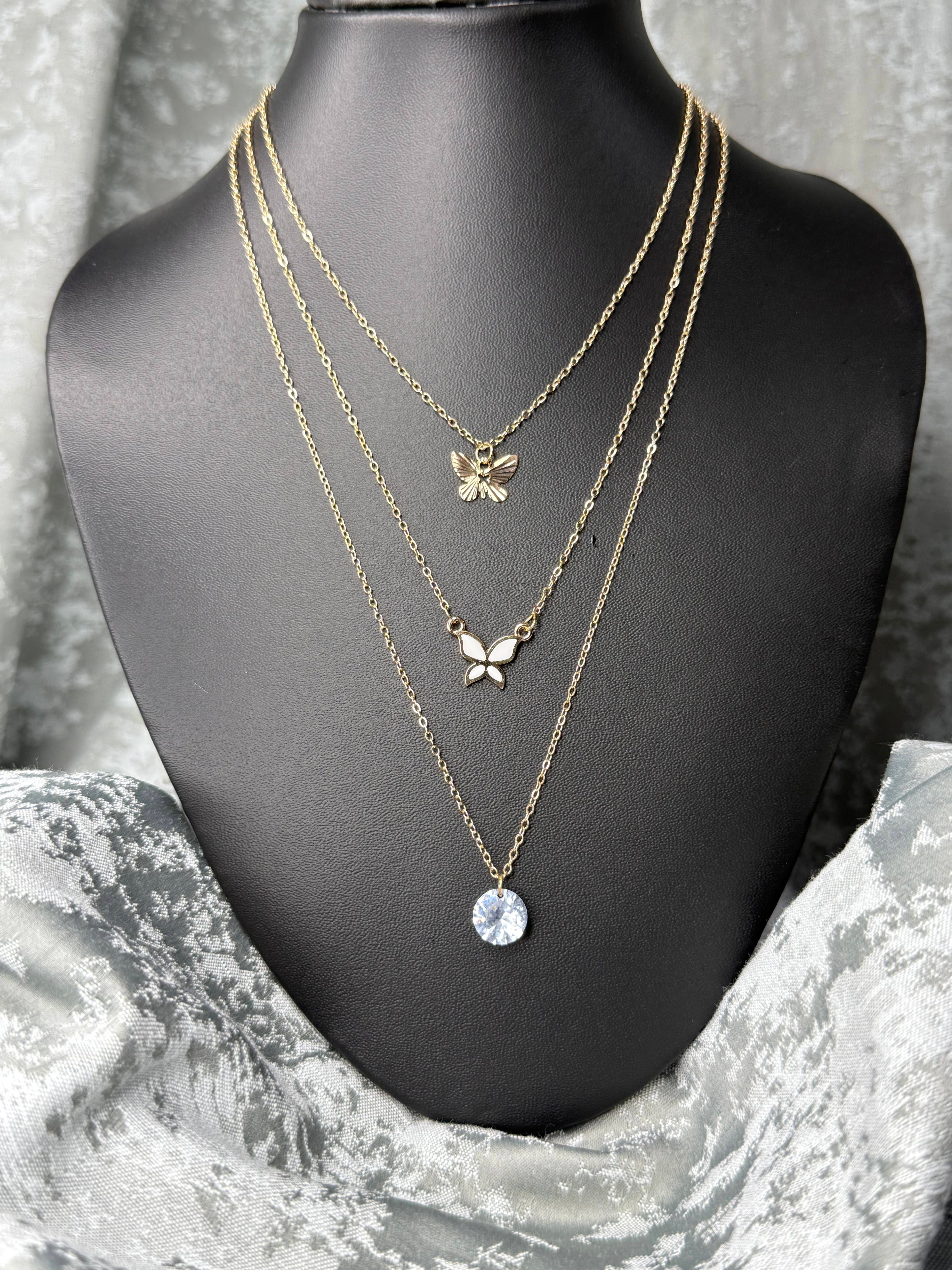 3 Layer Chain with Butterfly Pendants- White & Gold