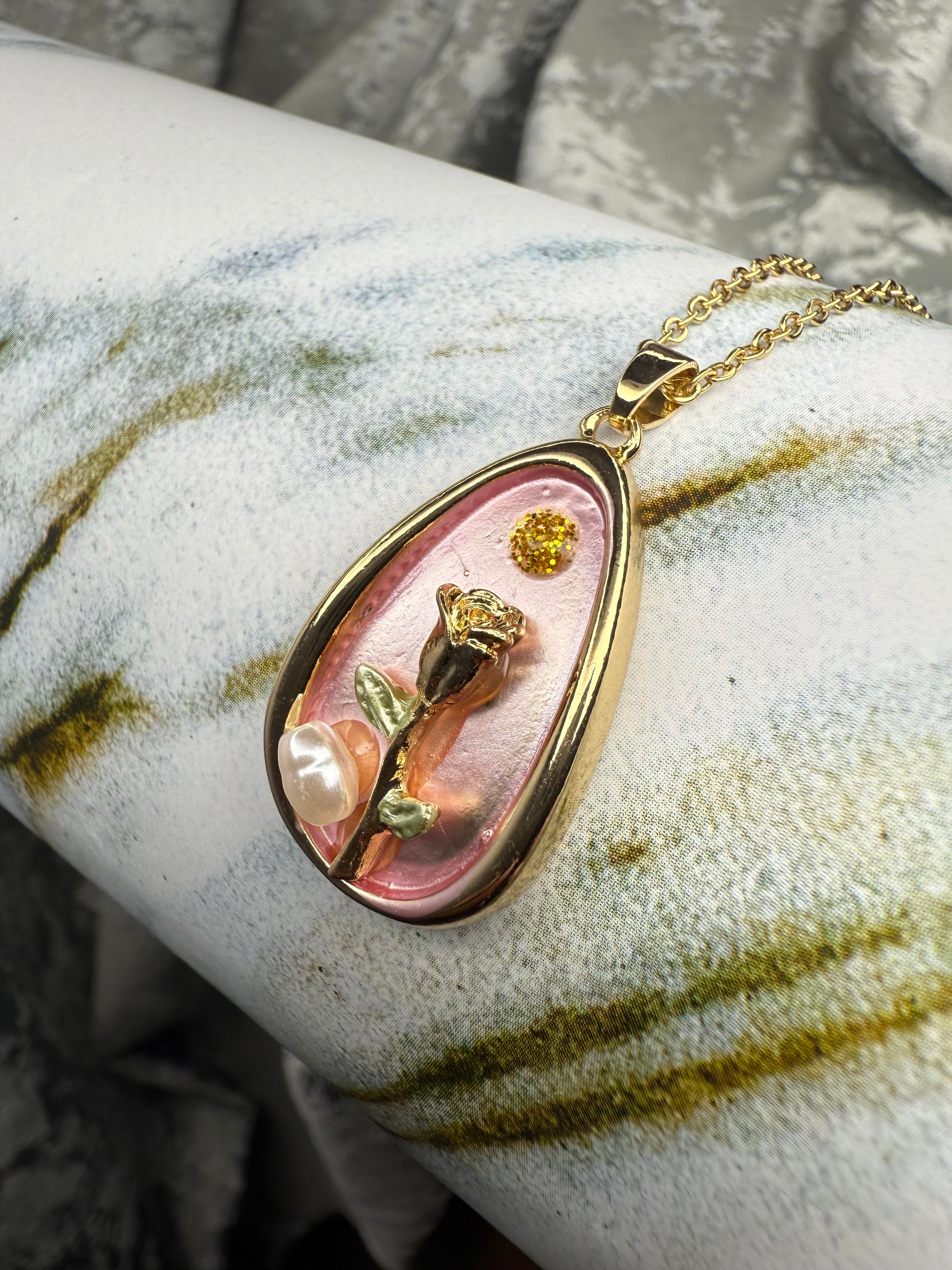 3D Rose Drop Pendant Anti Tarnish Necklace- Pink