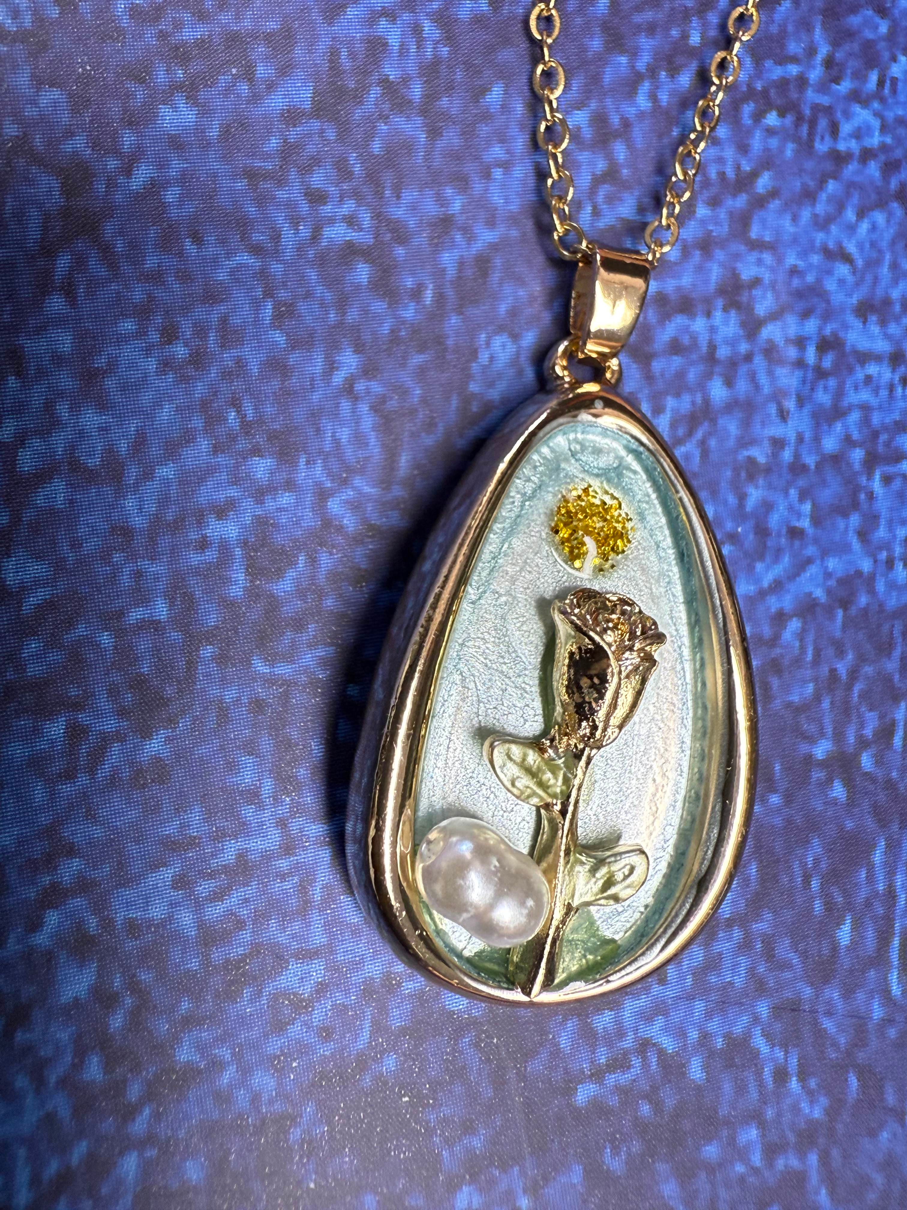 3D Rose Drop Pendant Anti Tarnish Necklace- Sky Blue