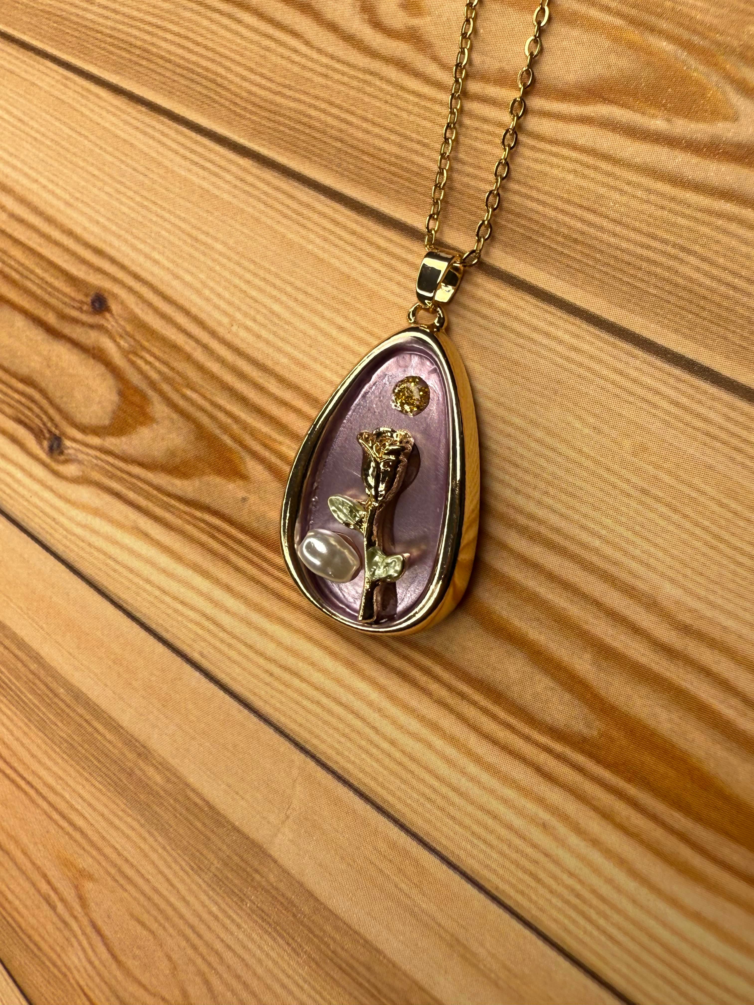 3D Rose Drop Pendant Anti Tarnish Necklace- Purple