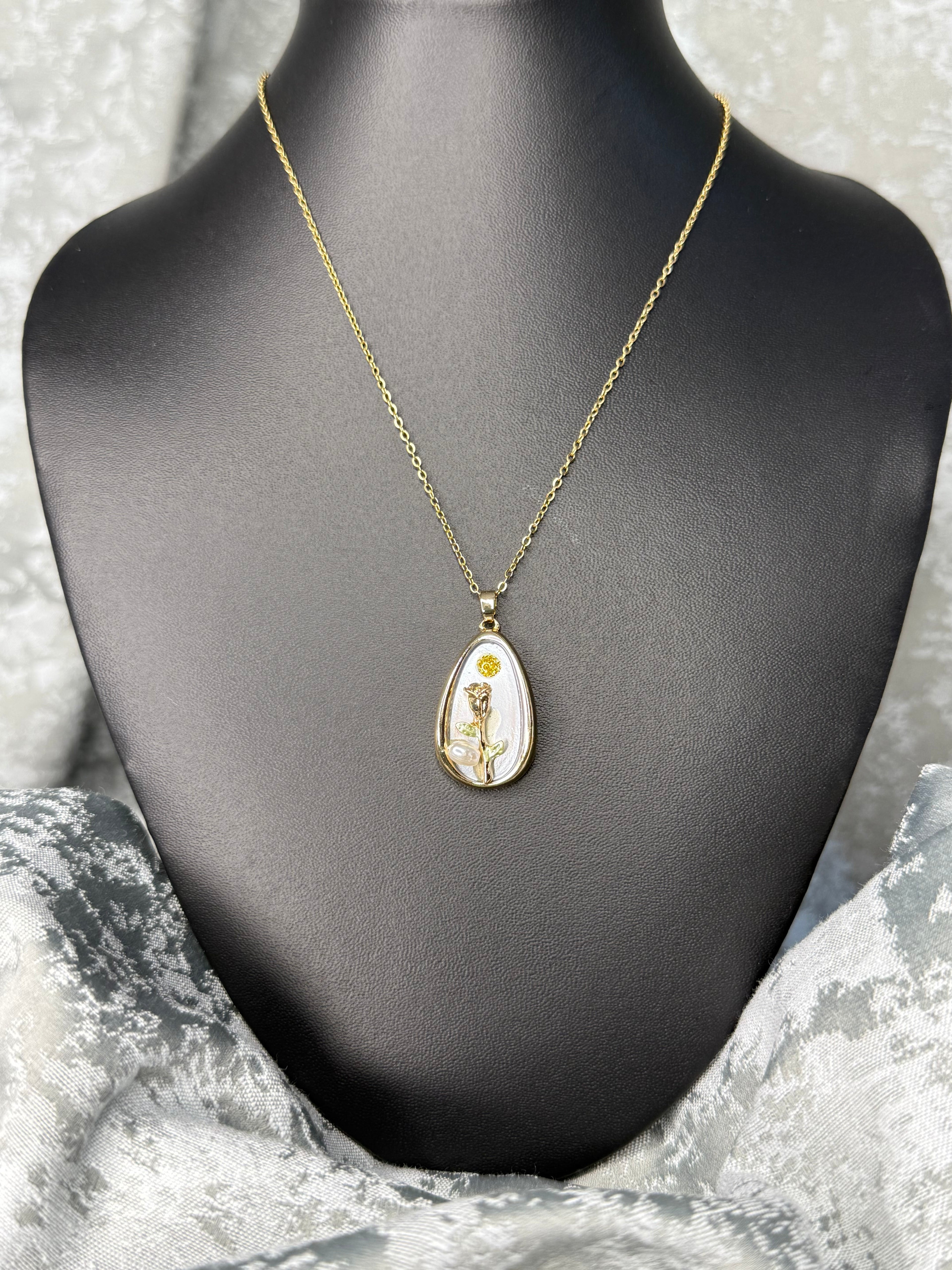 3D Rose Drop Pendant Anti Tarnish Necklace- White