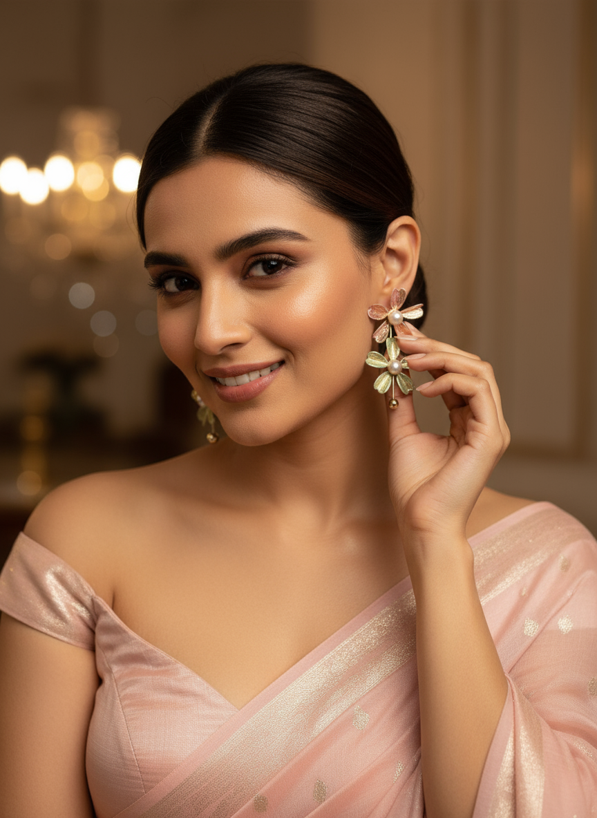 Flower of Eaden Drop Earrings- Pink Green