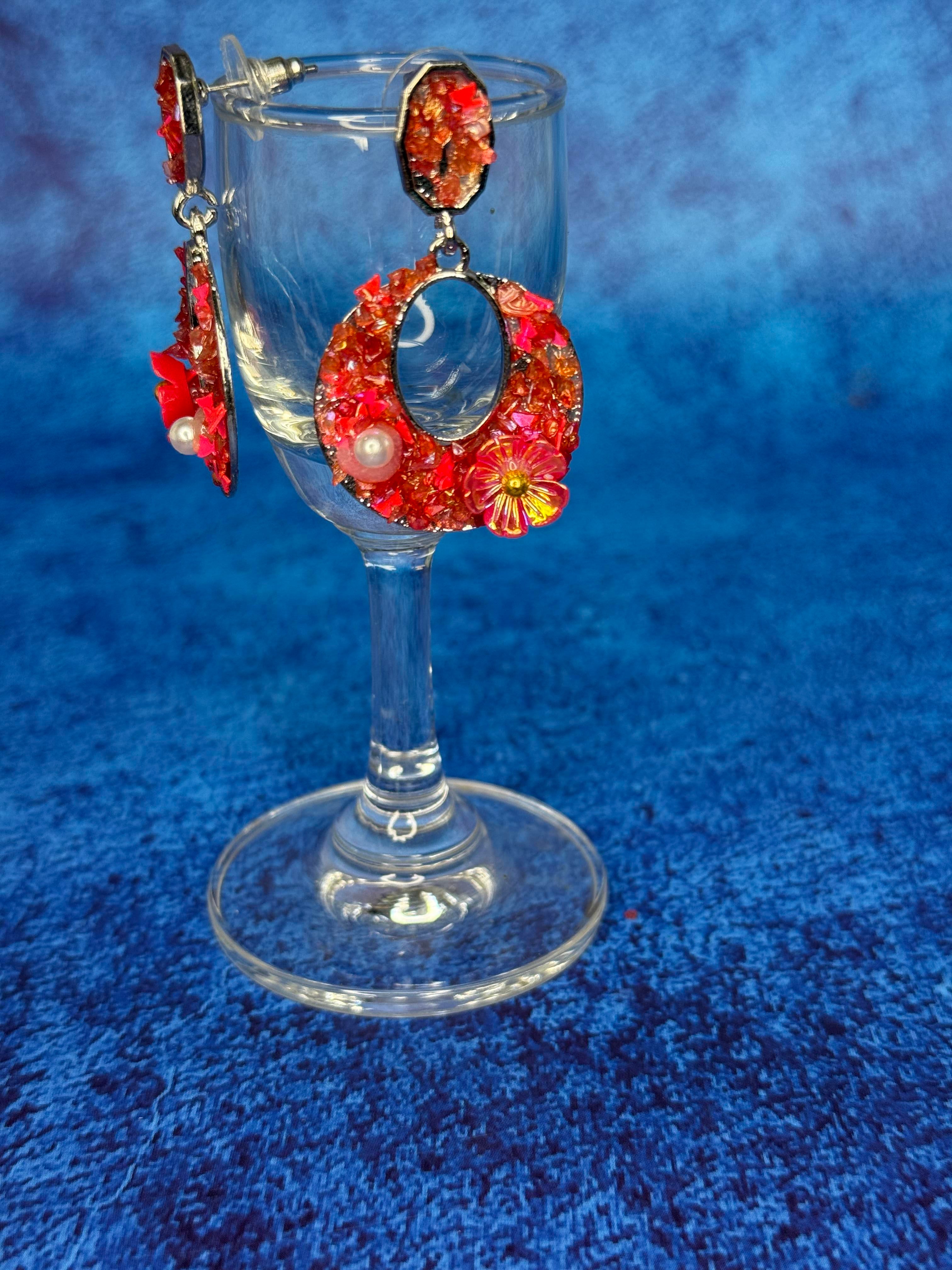 Handworked Crystal Loop Earrings- Red