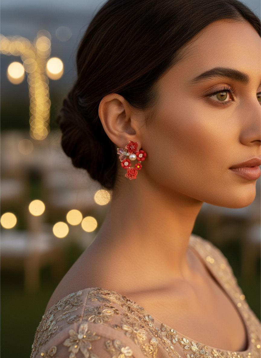 Floral Bouquet Earrings - Red