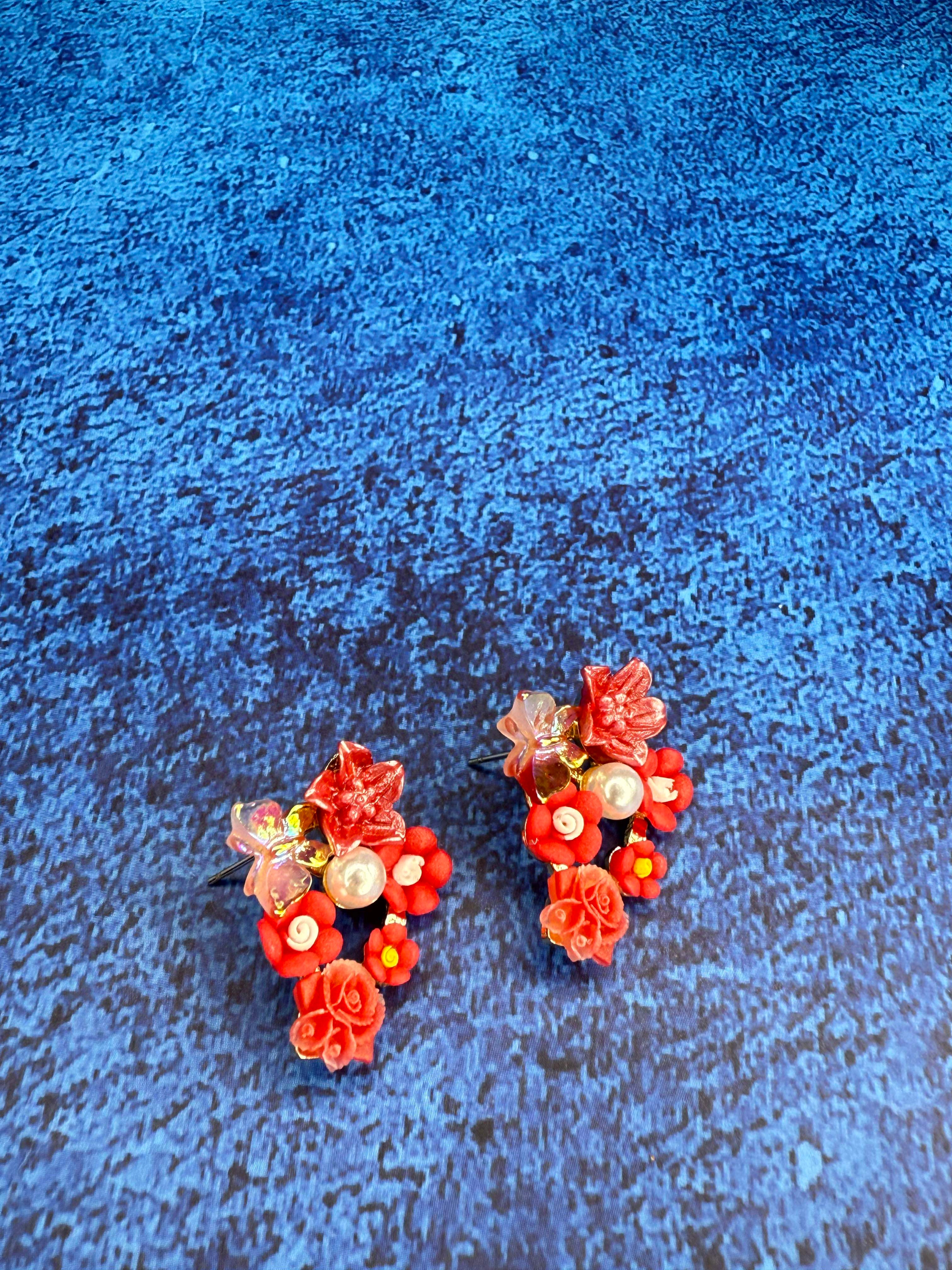 Floral Bouquet Earrings - Red