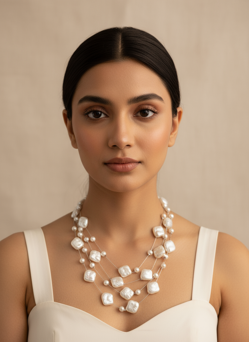 Pearl Stones & Silver Chain Reverie layered Glow Necklace